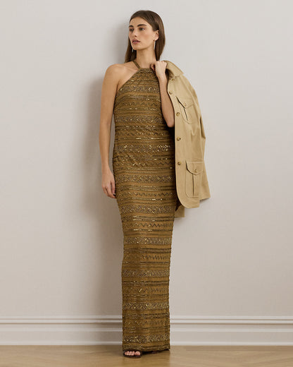 Ralph Lauren Beaded Mesh Halter Gown