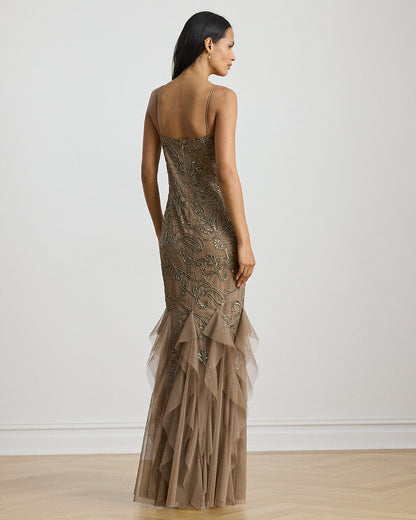 Ralph Lauren RuffleTrim PaisleyBeaded Tulle Gown