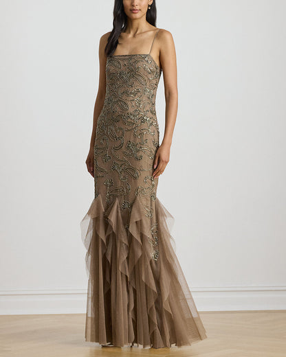 Ralph Lauren RuffleTrim PaisleyBeaded Tulle Gown