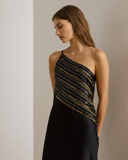 Ralph Lauren Beaded Mesh Satin OneShoulder Gown