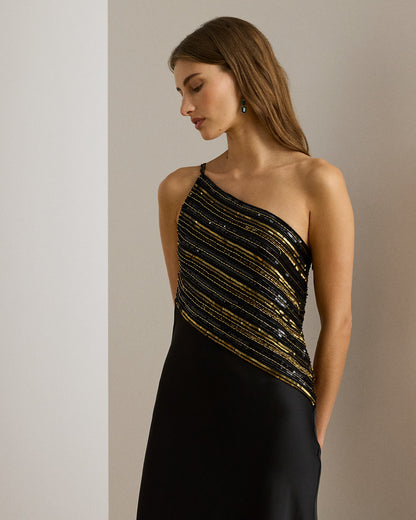 Ralph Lauren Beaded Mesh Satin OneShoulder Gown