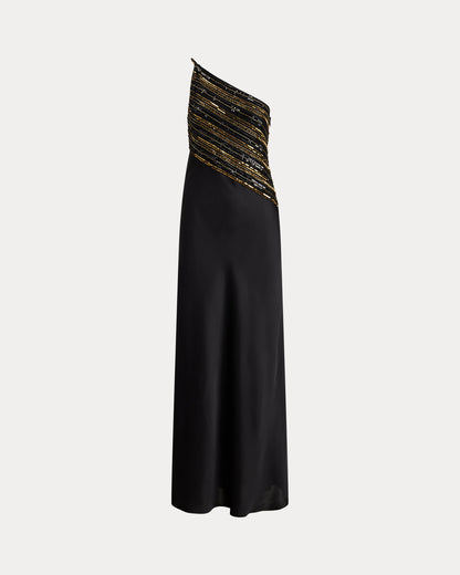 Ralph Lauren Beaded Mesh Satin OneShoulder Gown