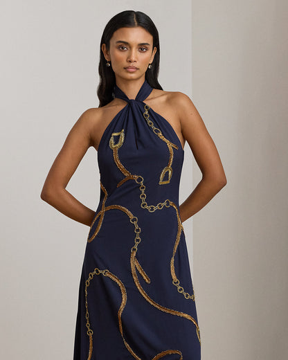 Ralph Lauren BeltingMotif Sequined Crepe Halter Gown