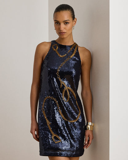 Ralph Lauren BeltingMotif Sequined Cocktail Dress