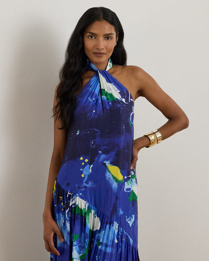 Ralph Lauren AbstractPrint Shantung Halter Gown