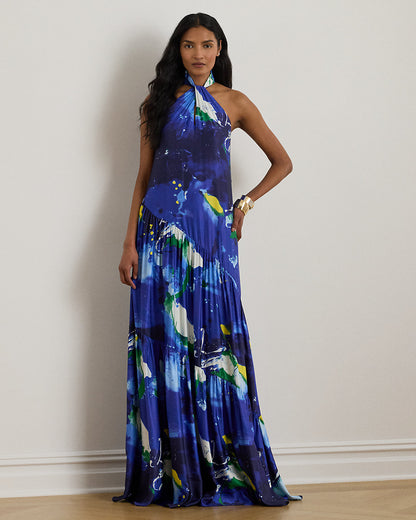Ralph Lauren AbstractPrint Shantung Halter Gown