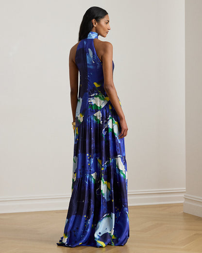 Ralph Lauren AbstractPrint Shantung Halter Gown