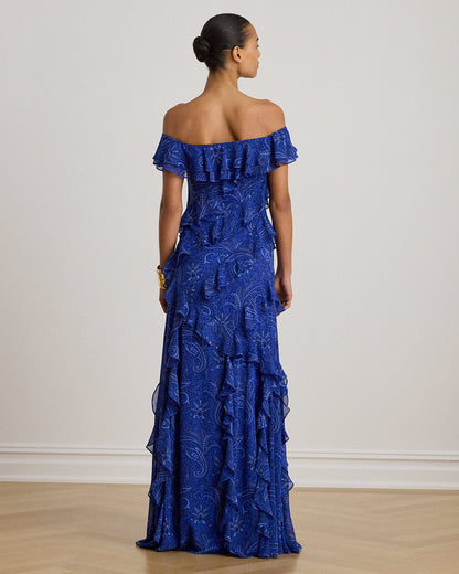 Ralph Lauren Print RuffleTrim OfftheShoulder Gown