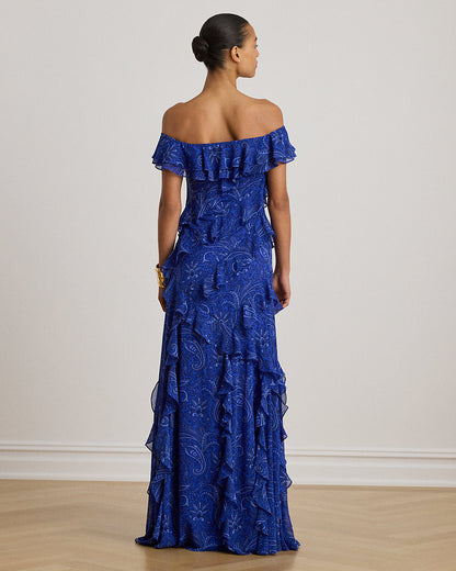 Ralph Lauren Print RuffleTrim OfftheShoulder Gown
