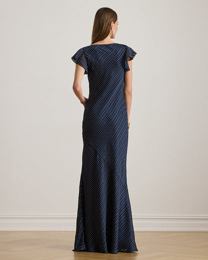 Ralph Lauren PolkaDot BurnOut Satin Cowlneck Gown