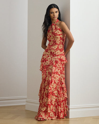 Ralph Lauren Floral RuffleTrim Georgette Halter Gown