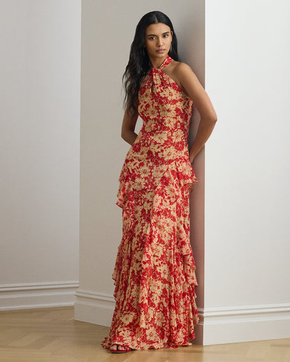 Ralph Lauren Floral RuffleTrim Georgette Halter Gown