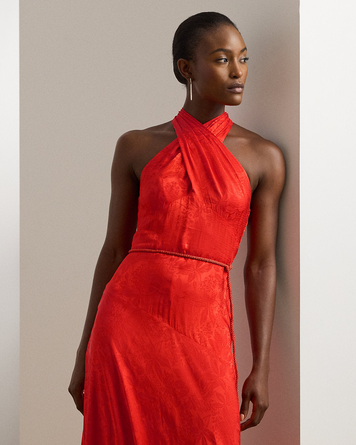 Ralph Lauren Belted Floral Jacquard Halter Gown