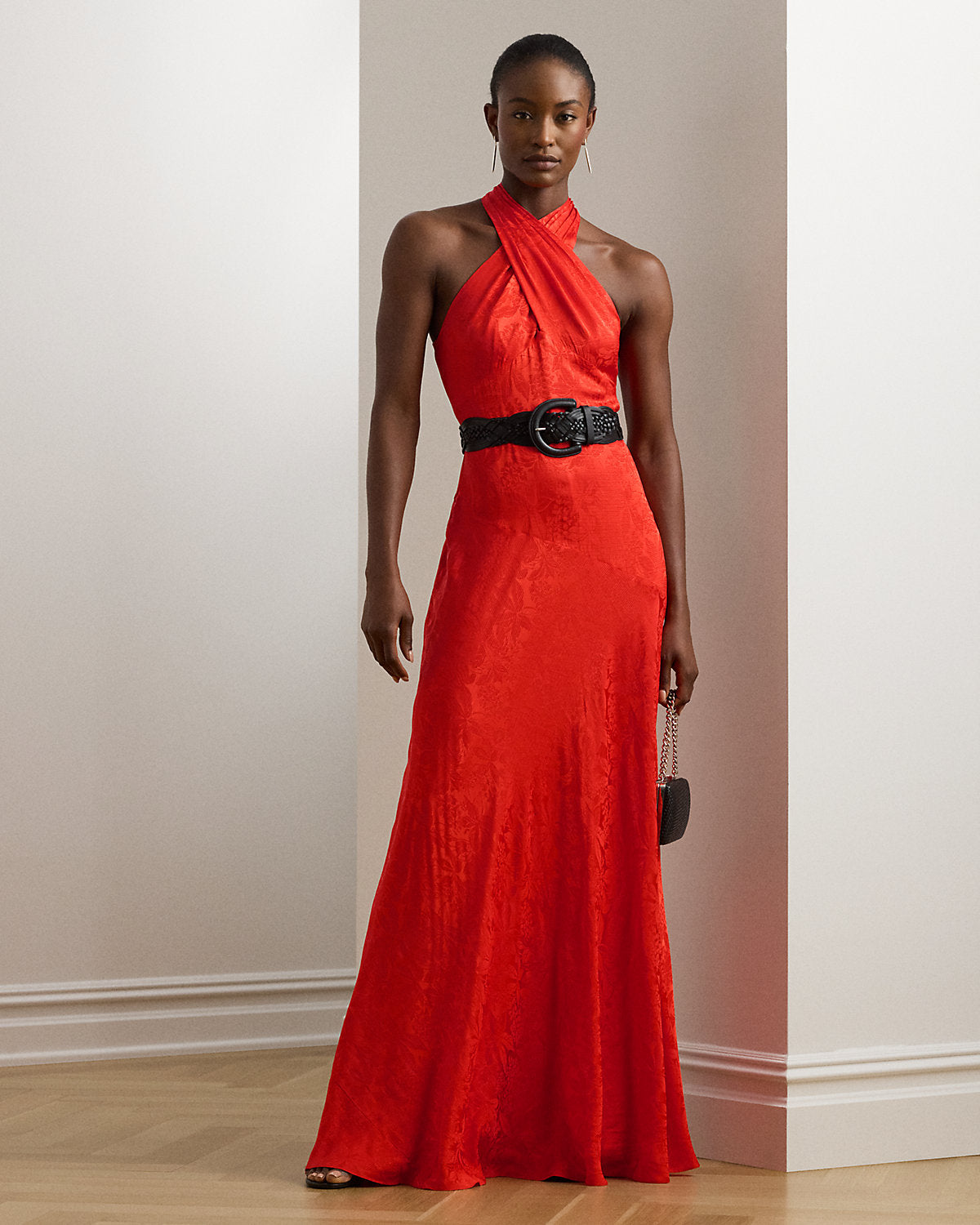 Ralph Lauren Belted Floral Jacquard Halter Gown