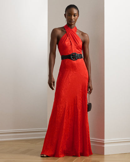 Ralph Lauren Belted Floral Jacquard Halter Gown