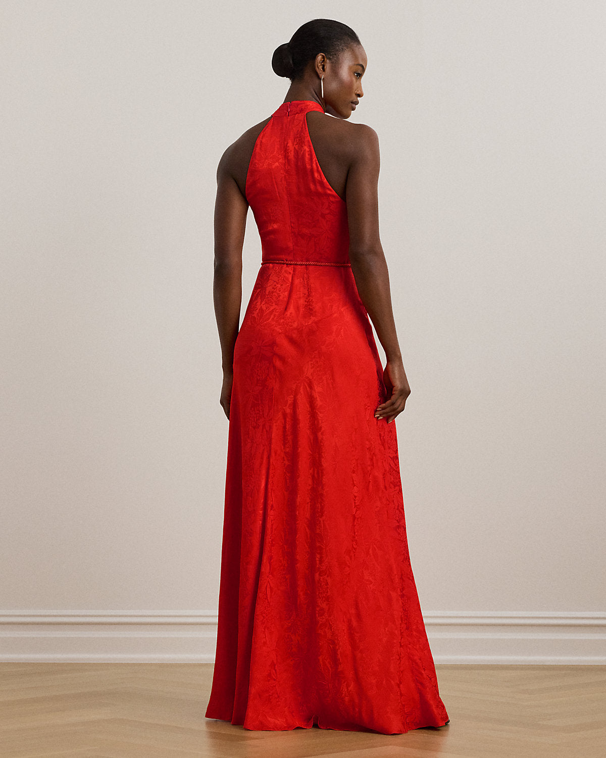 Ralph Lauren Belted Floral Jacquard Halter Gown