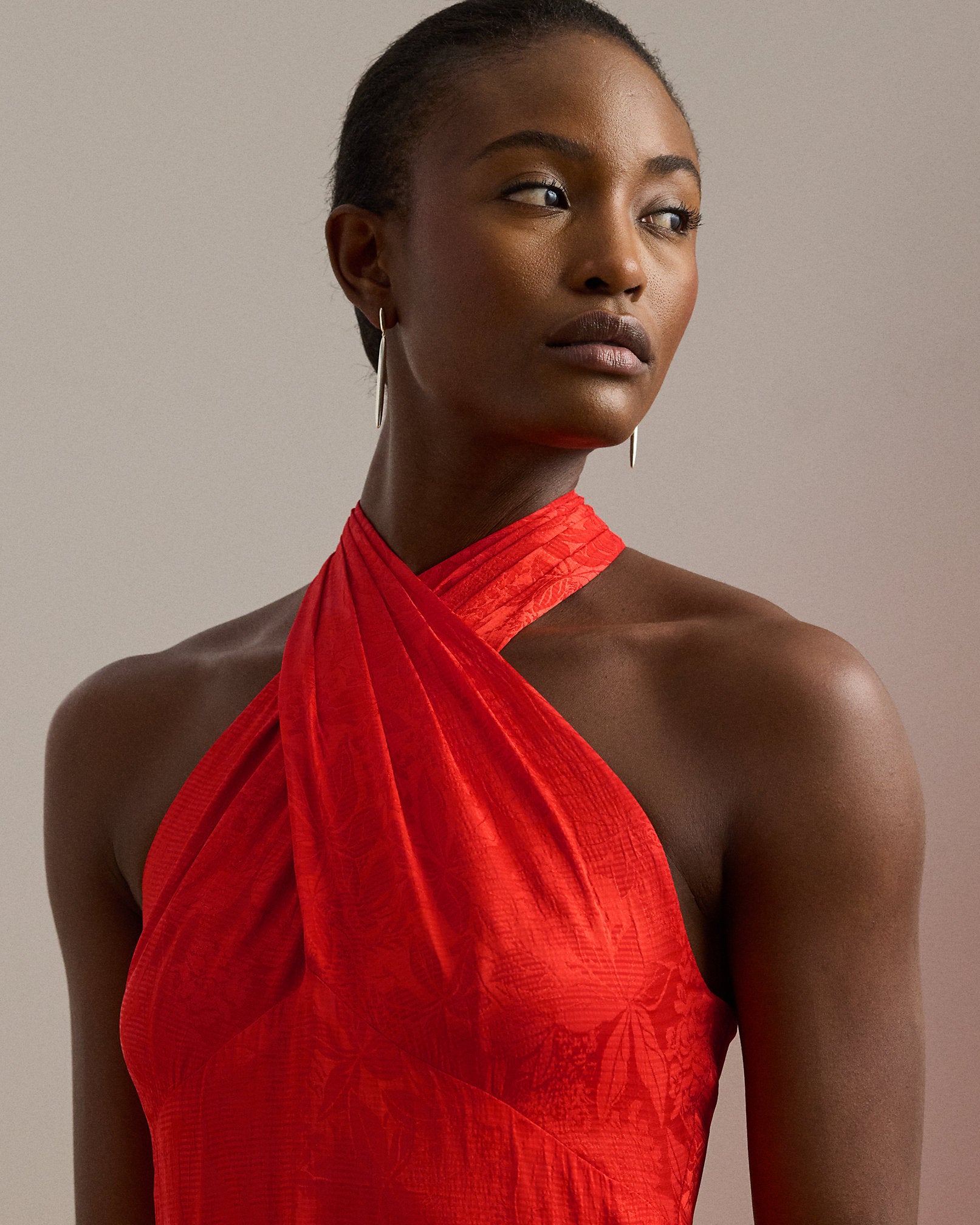 Ralph Lauren Belted Floral Jacquard Halter Gown