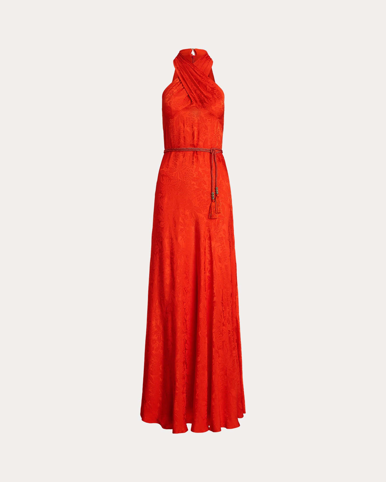 Ralph Lauren Belted Floral Jacquard Halter Gown