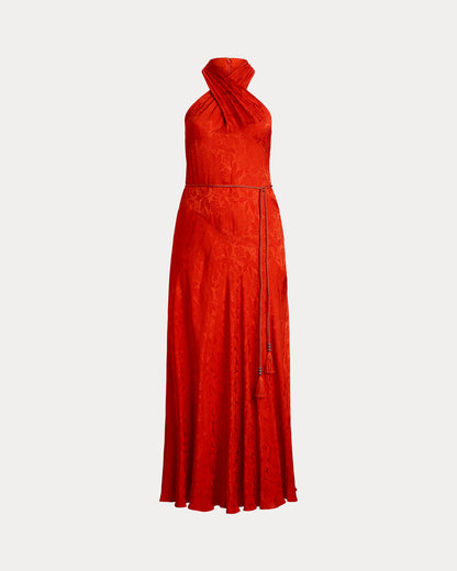 Ralph Lauren Belted Floral Jacquard Halter Gown