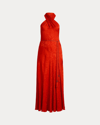Ralph Lauren Belted Floral Jacquard Halter Gown