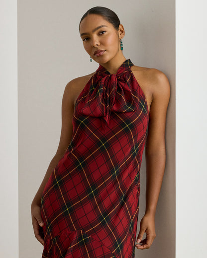 Ralph Lauren Plaid Georgette Tiered TieNeck Gown
