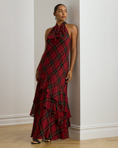 Ralph Lauren Plaid Georgette Tiered TieNeck Gown
