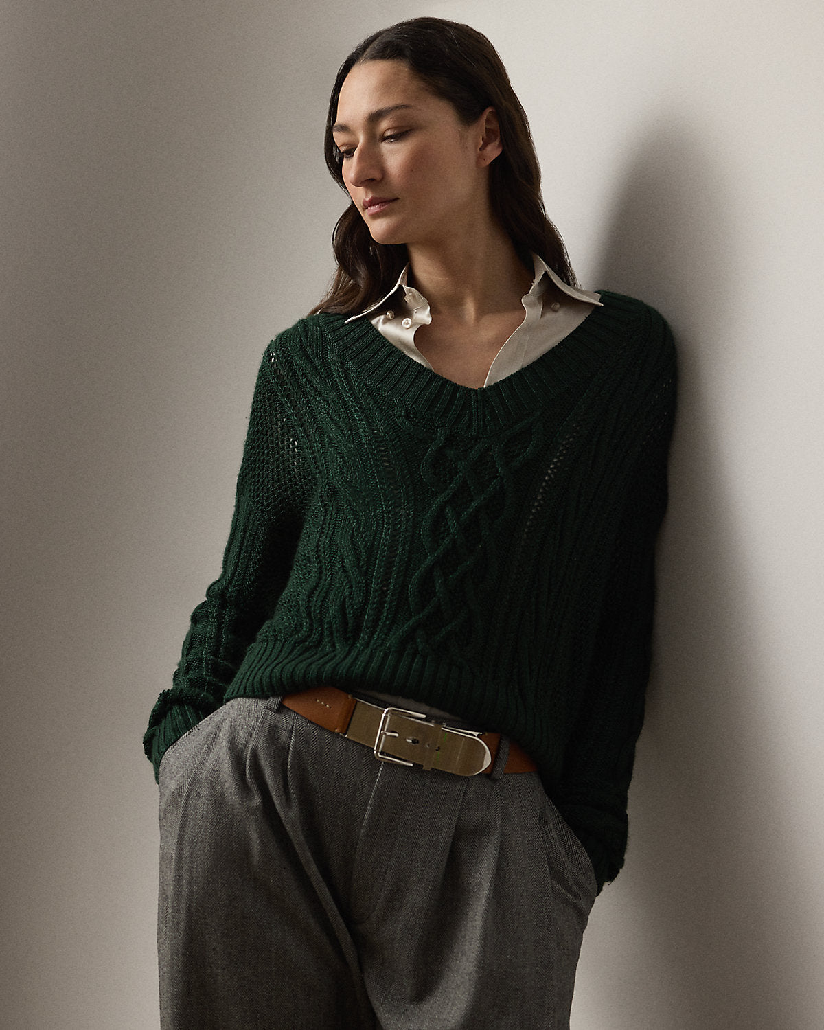 Ralph Lauren CableKnit SilkCashmere VNeck Sweater