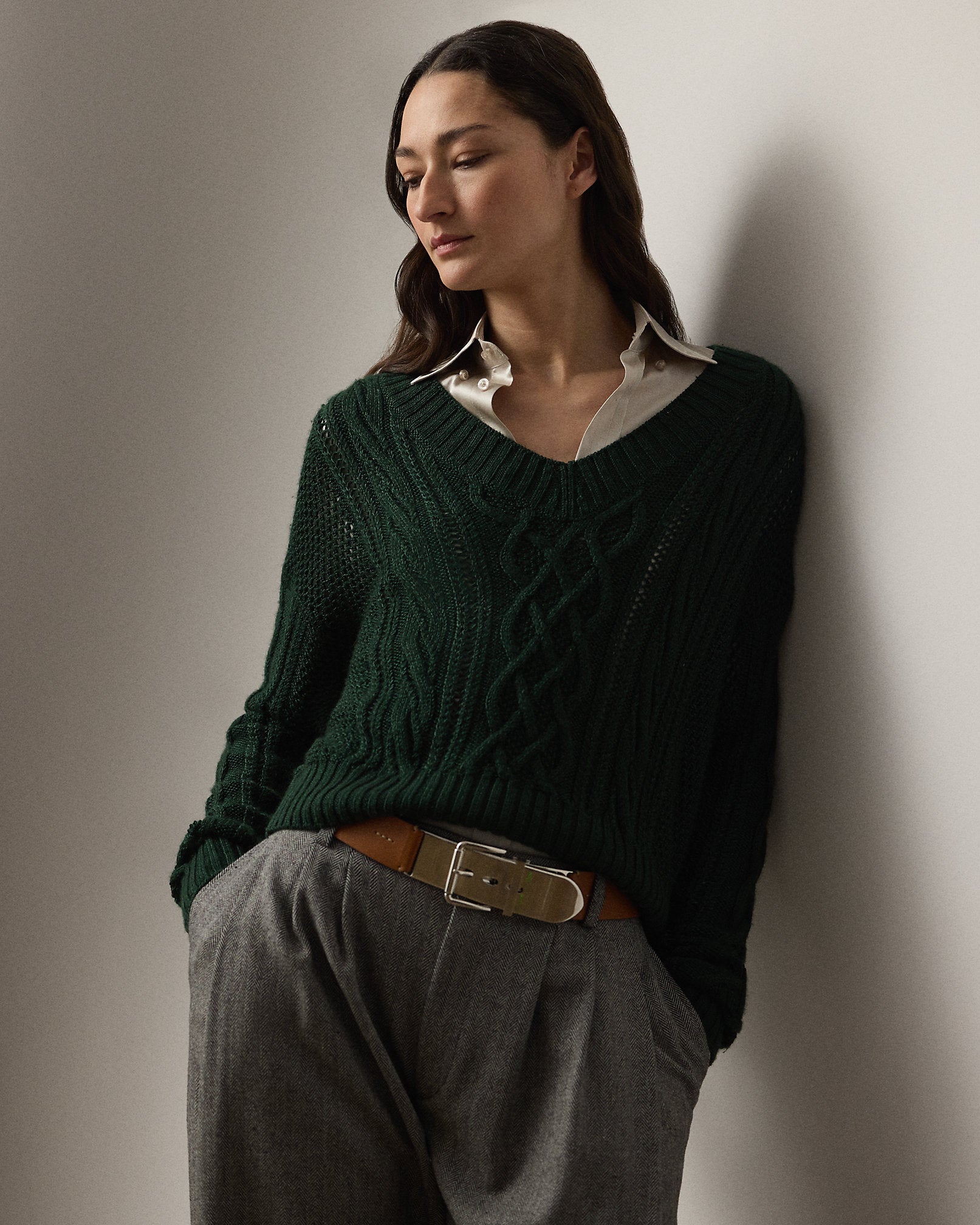 Ralph Lauren CableKnit SilkCashmere VNeck Sweater