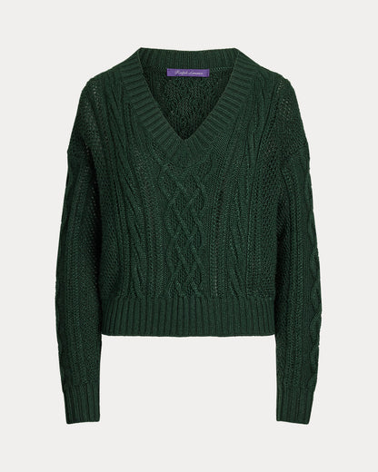 Ralph Lauren CableKnit SilkCashmere VNeck Sweater