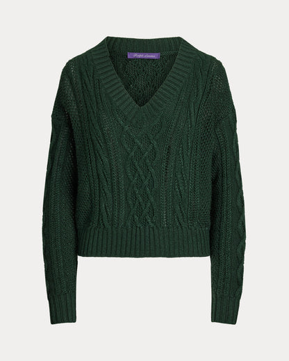 Ralph Lauren CableKnit SilkCashmere VNeck Sweater