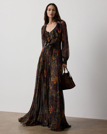 Ralph Lauren Catia Paisley Pleated Chiffon Day Dress