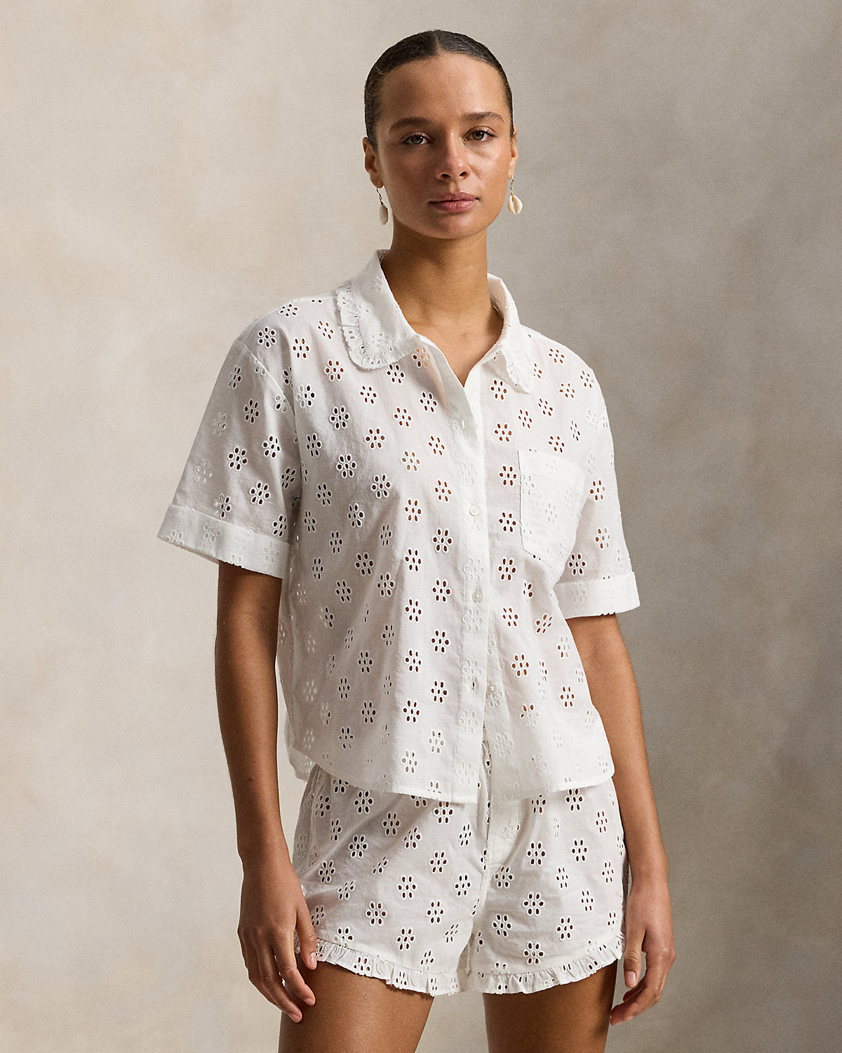 Ralph Lauren Eyelet Cotton Shirt Short Pajama Set