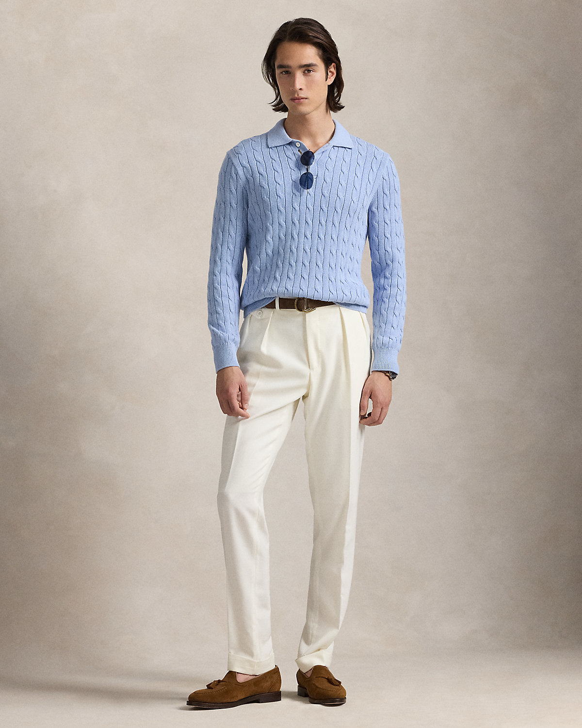 Ralph Lauren CableKnit Cotton PoloCollar Sweater