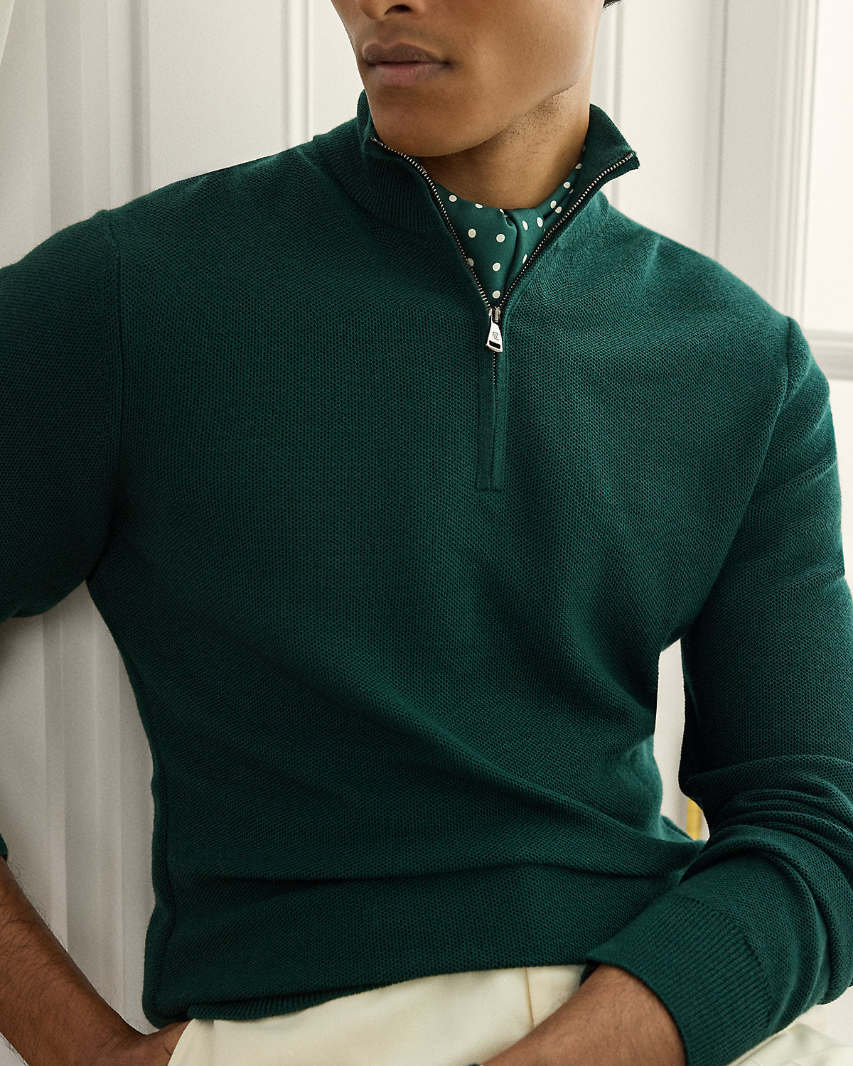 Ralph Lauren PiquéKnit Wool QuarterZip Sweater
