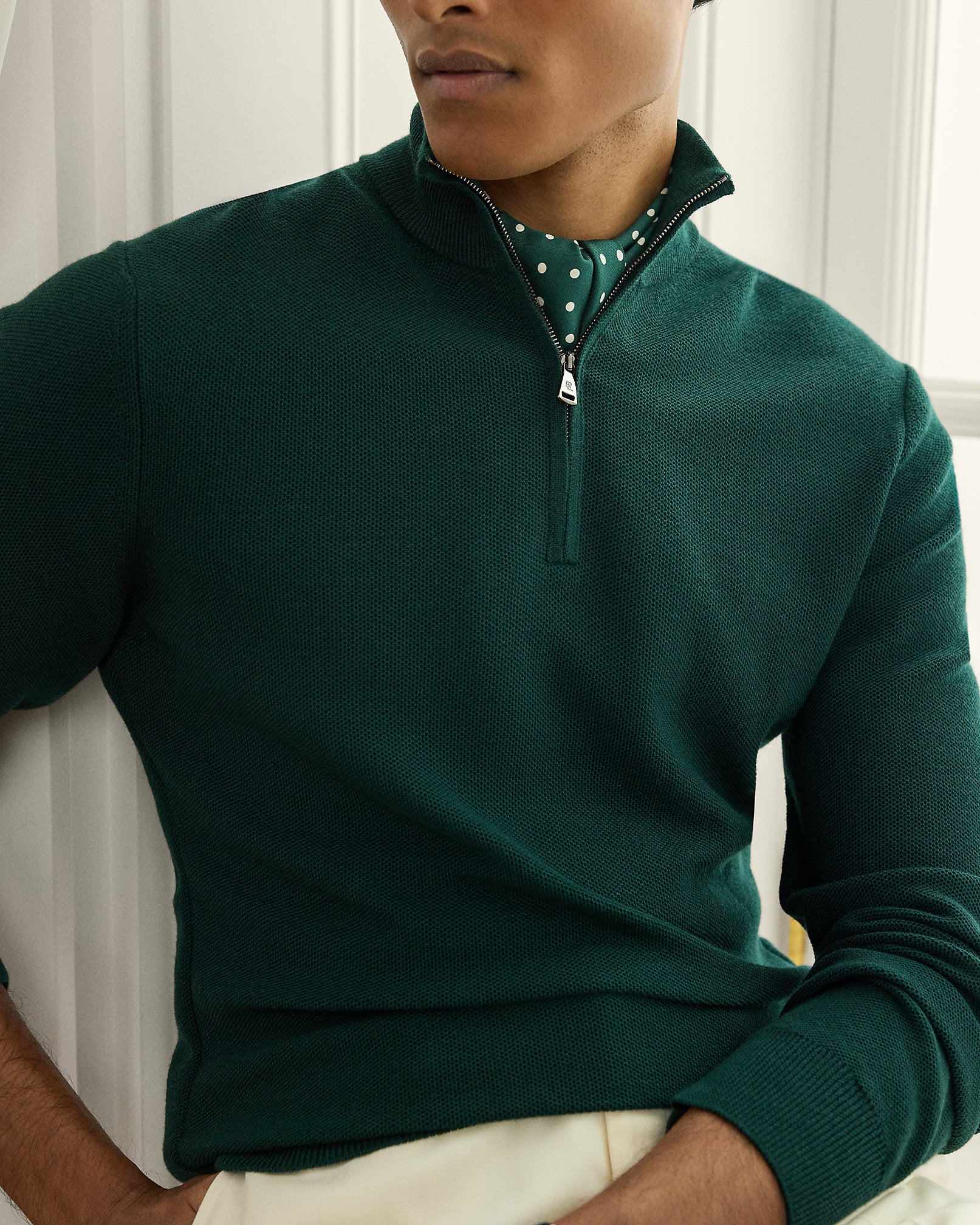 Ralph Lauren PiquéKnit Wool QuarterZip Sweater