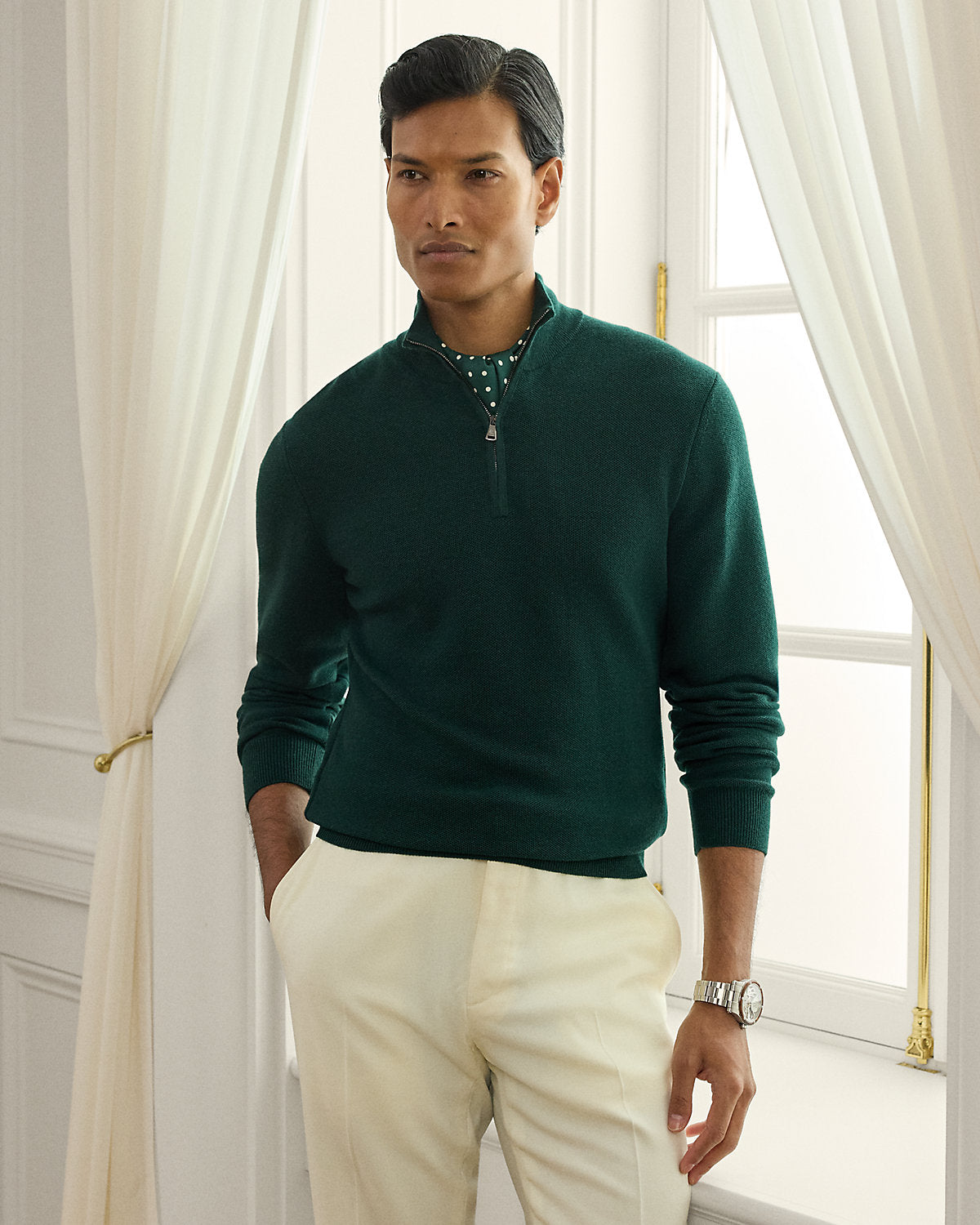 Ralph Lauren PiquéKnit Wool QuarterZip Sweater