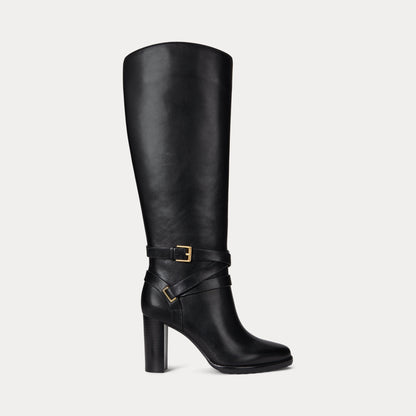 Ralph Lauren Collins Burnished Leather Tall Boot Heel Black