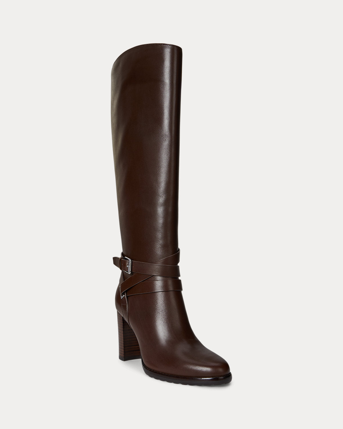 Ralph Lauren Collins Calfskin Tall Boot Heel Dark Hickory