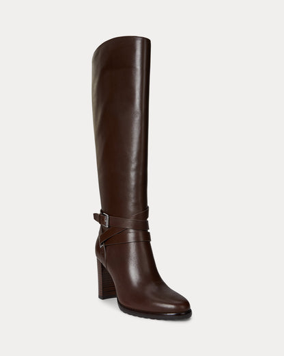Ralph Lauren Collins Calfskin Tall Boot Heel Dark Hickory