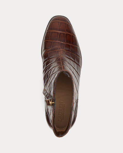 Ralph Lauren Cassie Crocodileembossed Leather Bootie Dark Mahogany