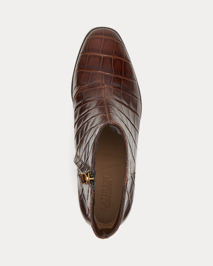 Ralph Lauren Cassie Crocodileembossed Leather Bootie Dark Mahogany