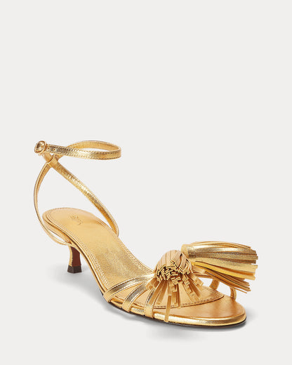 Ralph Lauren Metallic Leather Tassel Kitten Sandal Gold