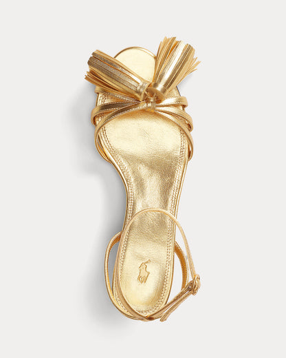 Ralph Lauren Metallic Leather Tassel Kitten Sandal Gold