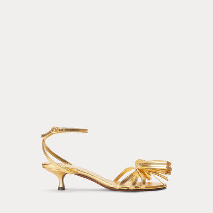 Ralph Lauren Metallic Leather Tassel Kitten Sandal Gold