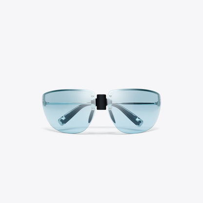 Tory Burch Shield Runway Sunglasses SHINY SILVER/LIGHT BLUE