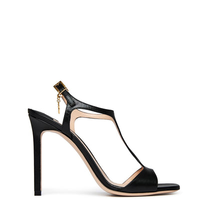  Shiny T-Bar Stilettos Black