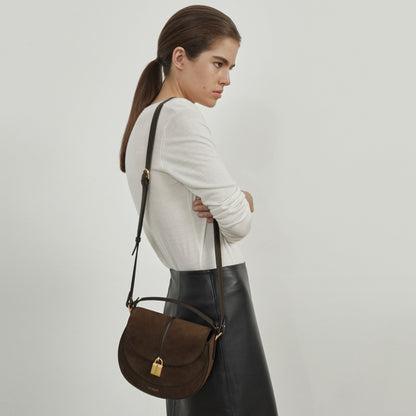 DeMellier The Siena Saddle mocha suede & mocha small grain