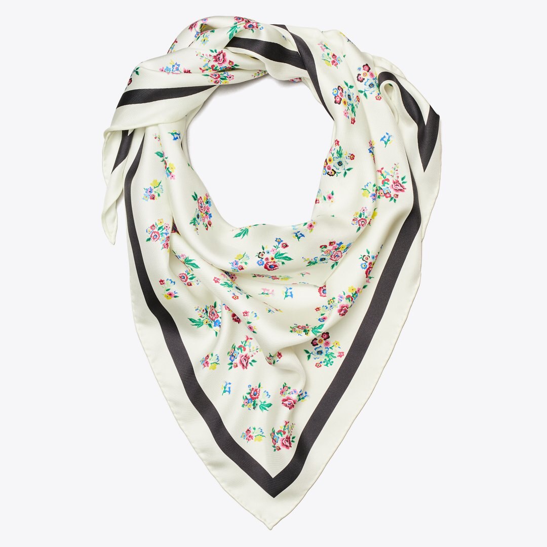 Tory Burch Silk Triangle Scarf Ditsy Floral Ivory