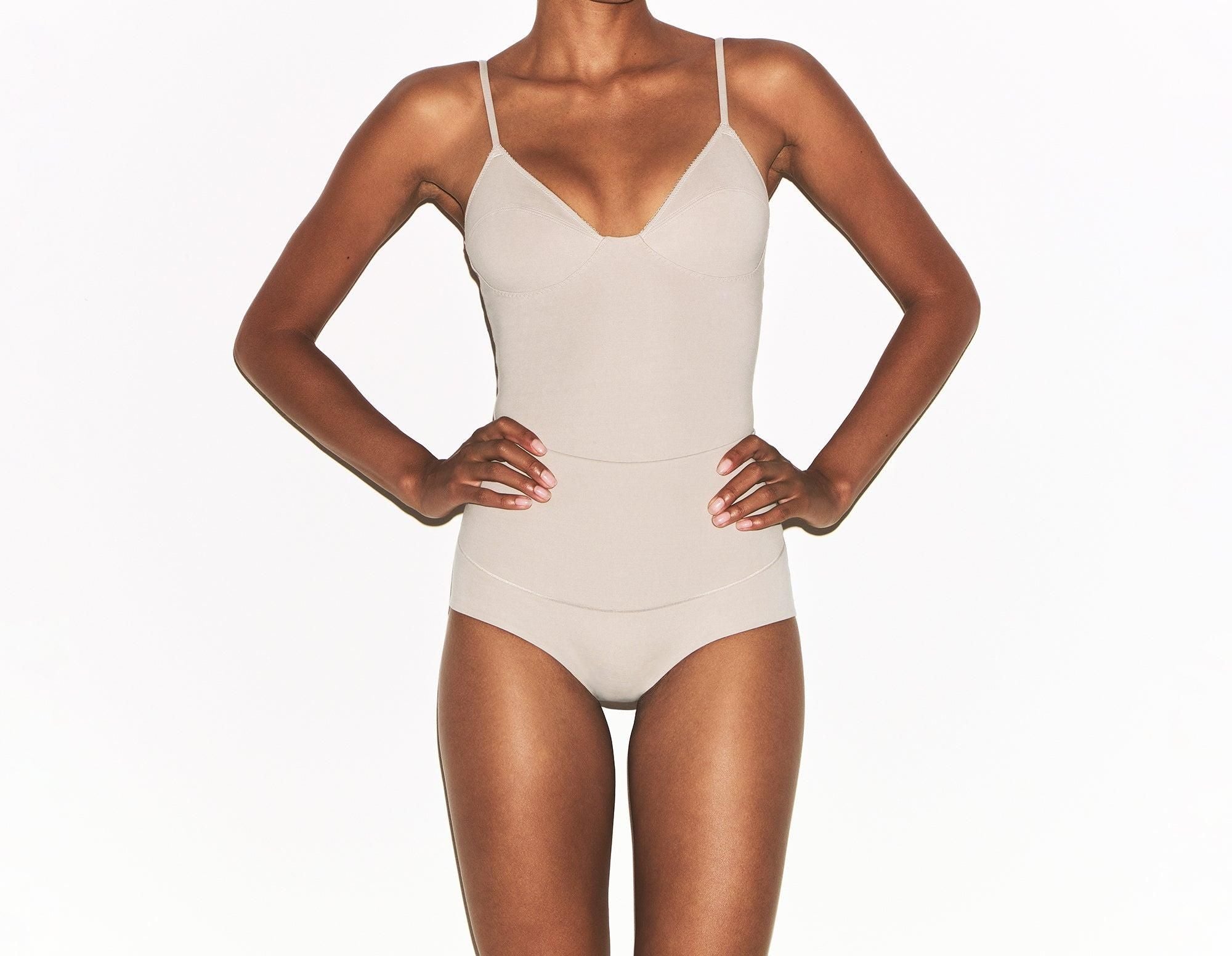 Skims Cotton Shapewear Thong Bodysuit Linen
