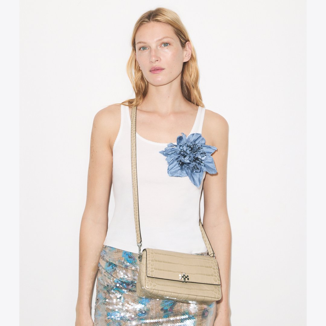 Tory Burch Small Charlie Croc-Embossed Shoulder Bag Light Hickory